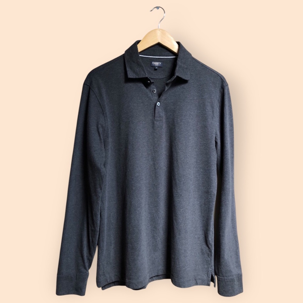 Faherty Reserve Pima Polo Shirt Dark Grey Long Sleeved Casual MENS Medium